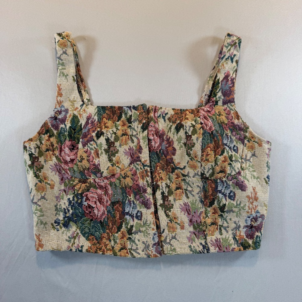Floral Tapestry Corset Top Crop XS Coquette Boho Renaissance Festival Whimsigoth